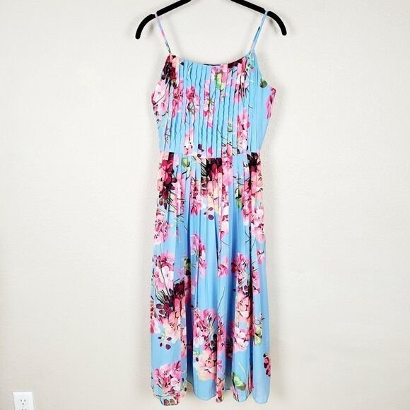 Blue Sky Pleated Floral Pattern Midi Summer Dress SALE - Picture 3 of 11